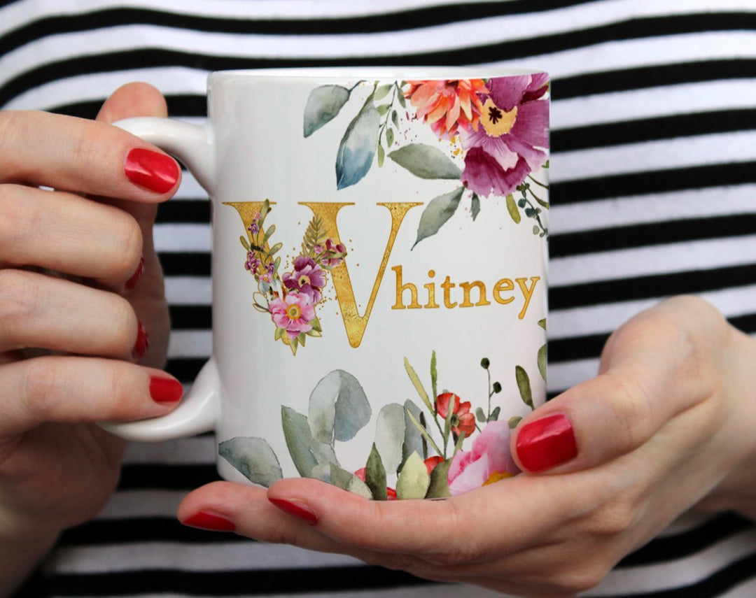 Personalized Name Floral Mug held by hands - Loftipop