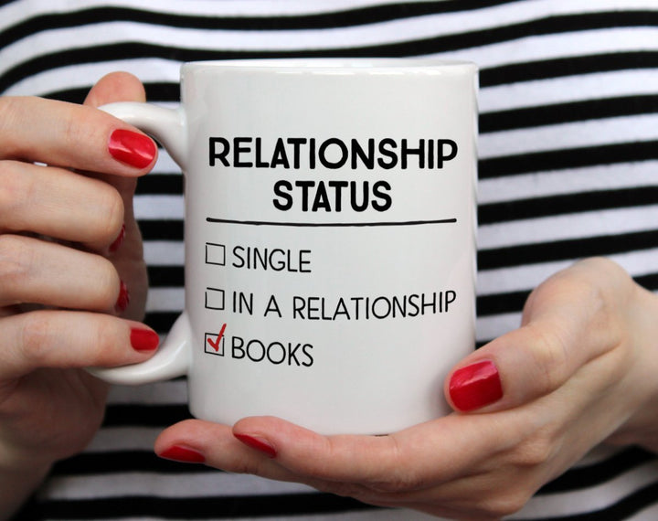Relationship Status Book Mug held by hands - Loftipop