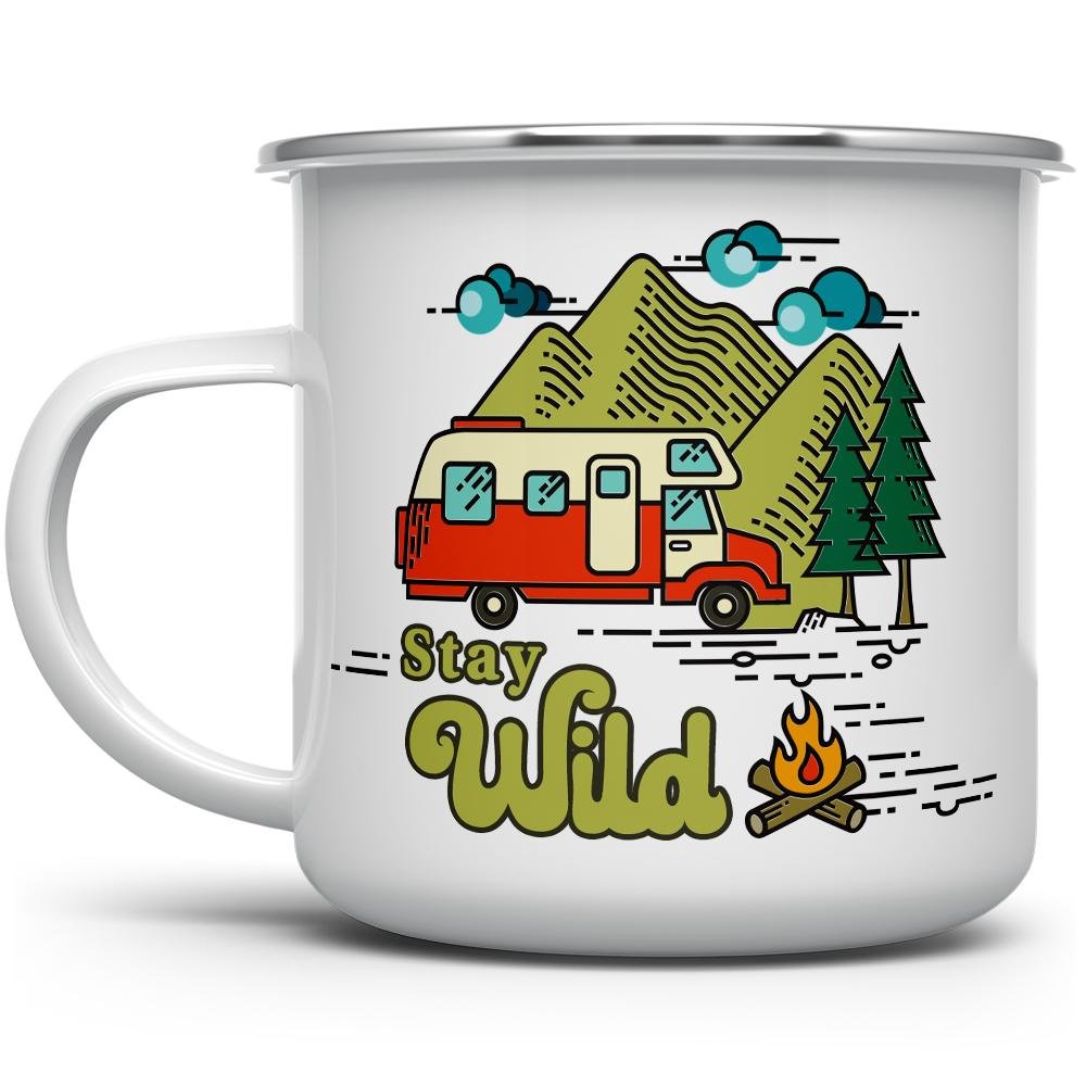 Stay Wild Camp Mug with an RV and mountains in the background - Loftipop