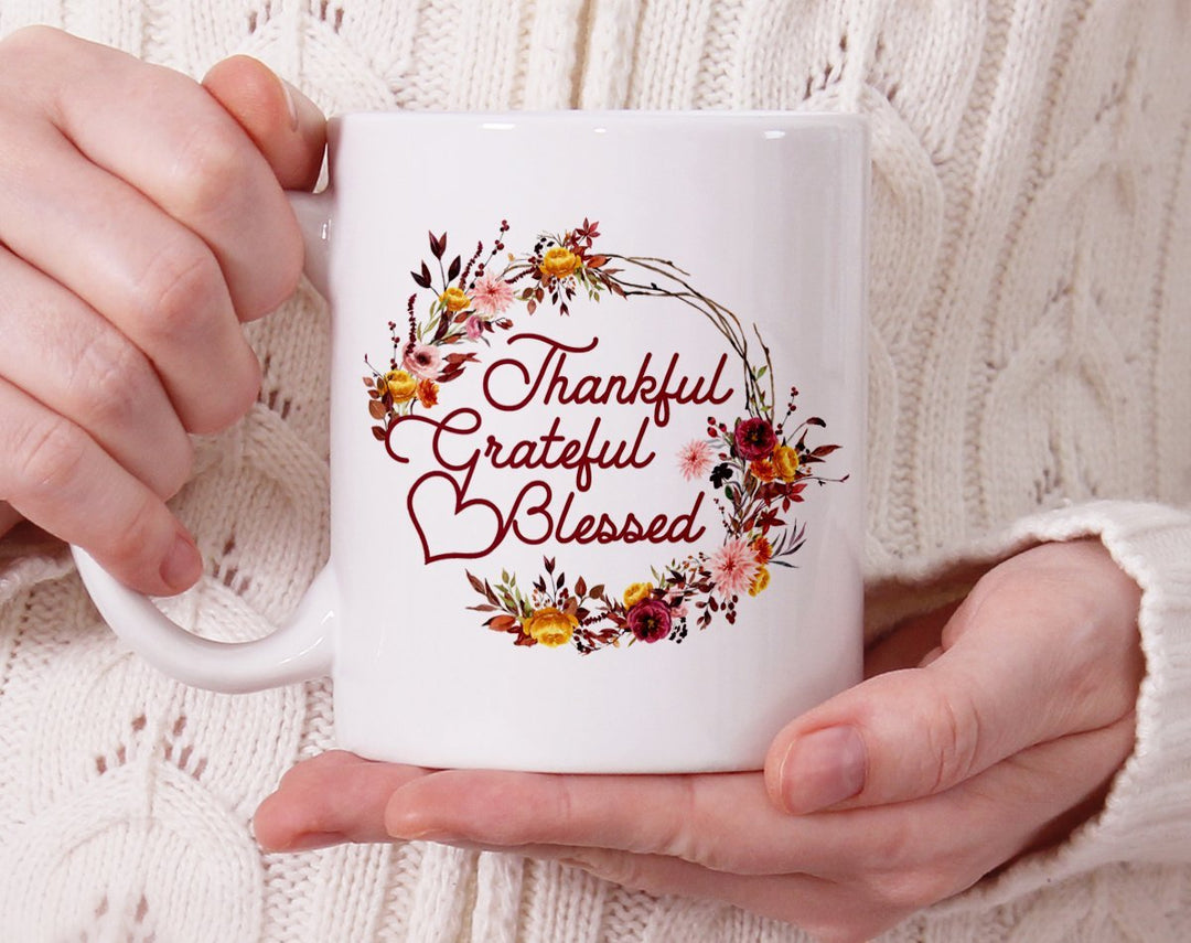 Thankful Grateful Blessed Mug held by hands - Loftipop