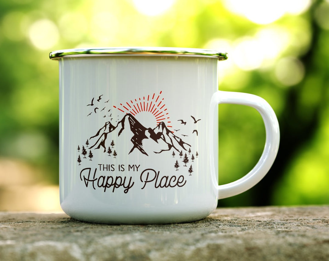 This is My Happy Place Camp Mug on a log - Loftipop