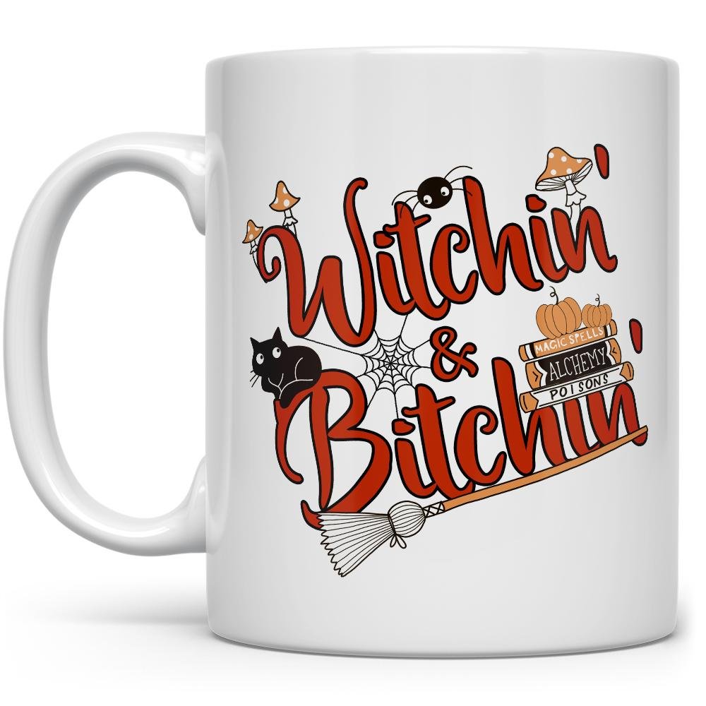 Witchin' & Bitchin' Mug with books on alchemy and a black cat - Loftipop