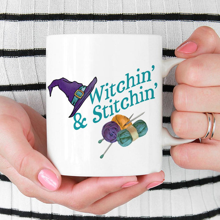 Witchin' & Stitchin' Mug held by hands - Loftipop