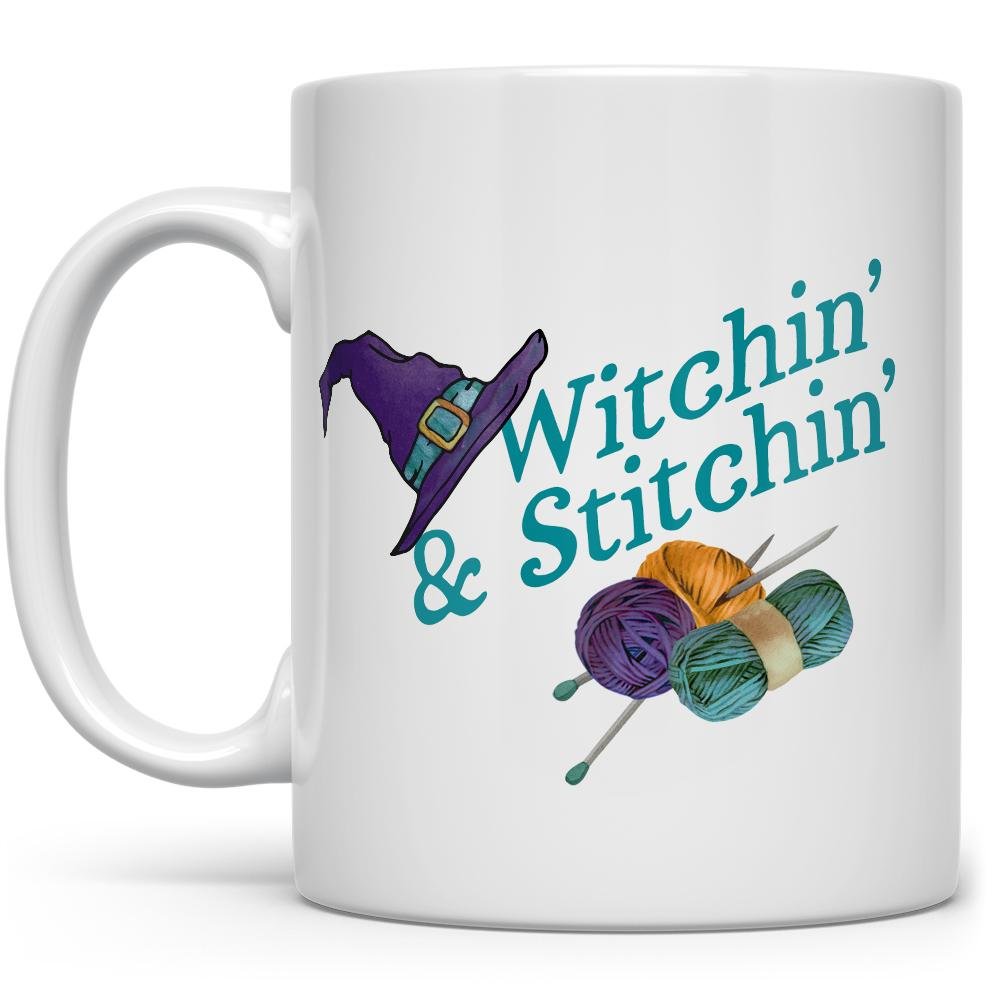 Witchin' & Stitchin' Mug with a witches hat and yarn - Loftipop